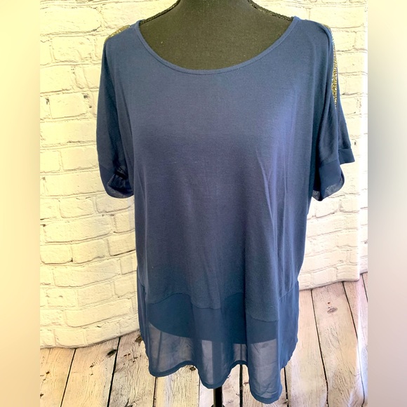 Juicy Couture Blue Chiffon Sparkle Sleeve Blouse Size XL - Picture 6 of 9